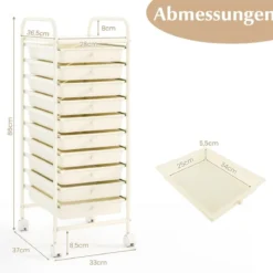 Rollwagen Bad Rollcontainer Beistellwagen mit 10 Schubladen Transparent/Bunt/Schwarz/Gelb 33 x 37 x 86 cm
