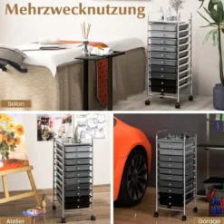 Rollwagen Bad Rollcontainer Beistellwagen mit 10 Schubladen Transparent/Bunt/Schwarz/Gelb 33 x 37 x 86 cm
