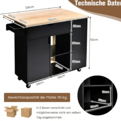 Rollwagen Kücheninsel mit Ausziehbarer Arbeitsfläche 124 x 76 x 92 cm Schwarz