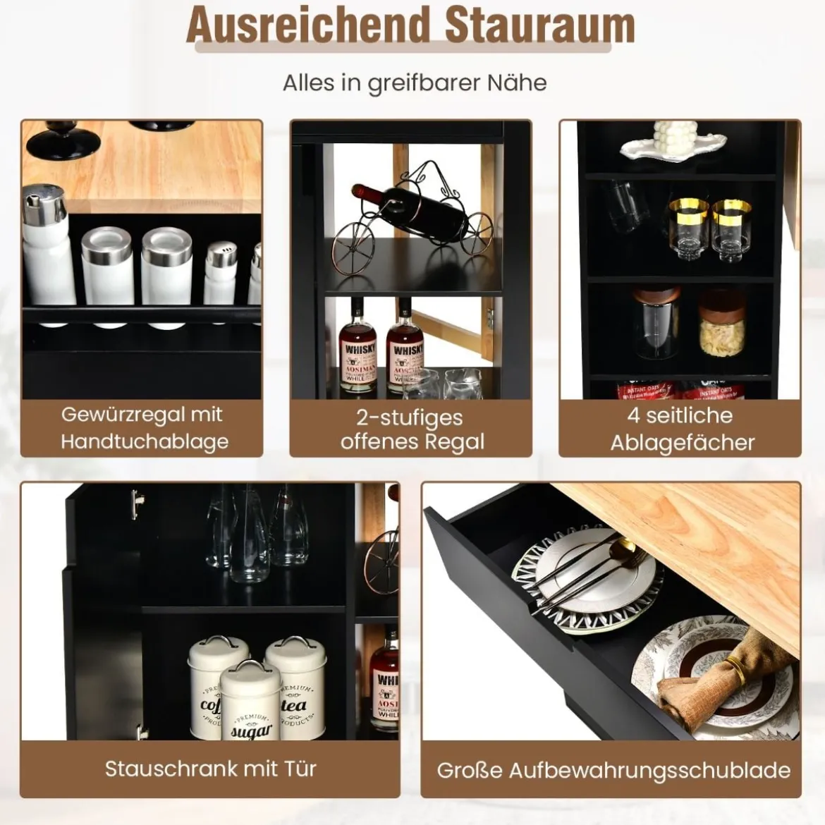 Rollwagen Kücheninsel mit Ausziehbarer Arbeitsfläche 124 x 76 x 92 cm Schwarz