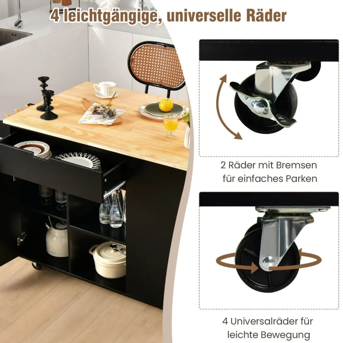 Rollwagen Kücheninsel mit Ausziehbarer Arbeitsfläche 124 x 76 x 92 cm Schwarz