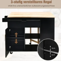 Rollwagen Kücheninsel mit Ausziehbarer Arbeitsfläche 124 x 76 x 92 cm Schwarz