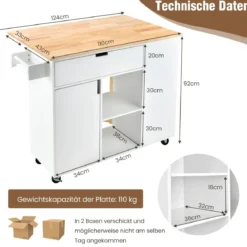Rollwagen Kücheninsel mit Ausziehbarer Arbeitsfläche 124 x 76 x 92 cm Weiß