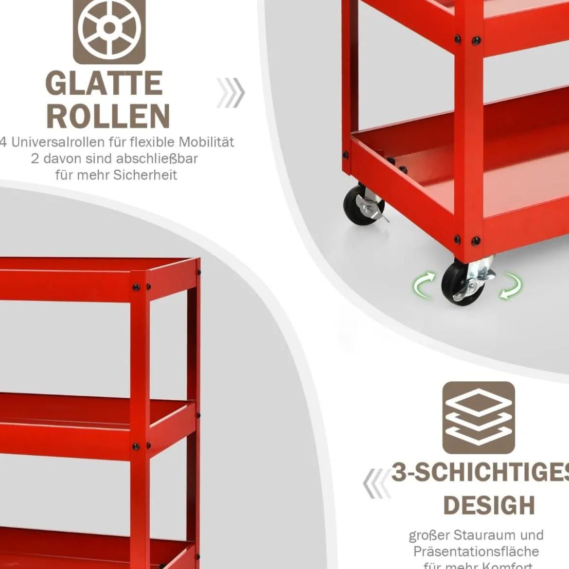 Rollwagen Küchewagen Metall Servierwagen Allzweckwagen mit flexiblen Rädern 76 x 38 x 79 cm Rot