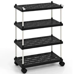 Rollwagen mit 4 Ebenen Nischenregal mit Rollen und seitlichen Haken Schwarz 40 x 21 x 59,5 cm