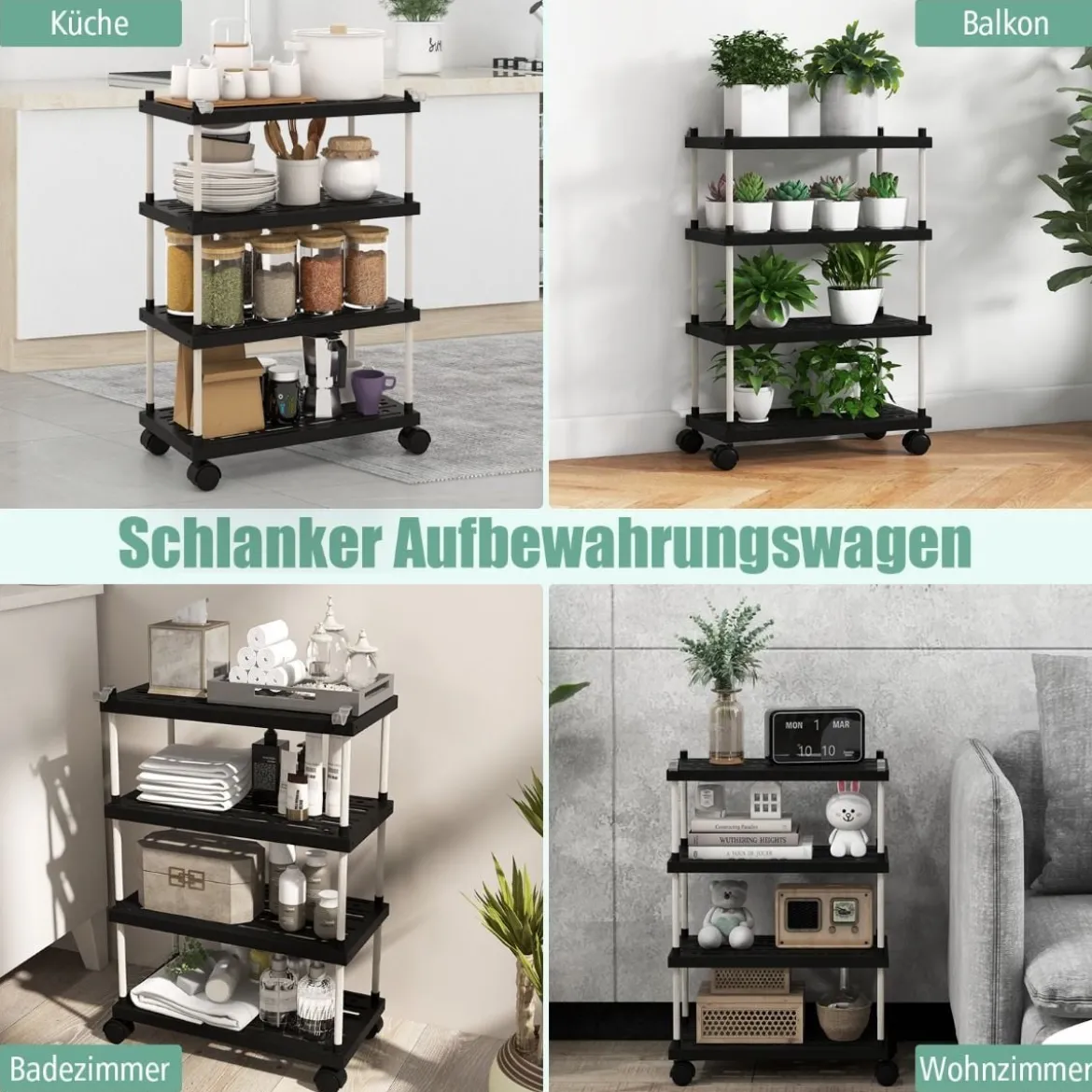 Rollwagen mit 4 Ebenen Nischenregal mit Rollen und seitlichen Haken Schwarz 40 x 21 x 59,5 cm