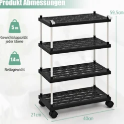 Rollwagen mit 4 Ebenen Nischenregal mit Rollen und seitlichen Haken Schwarz 40 x 21 x 59,5 cm