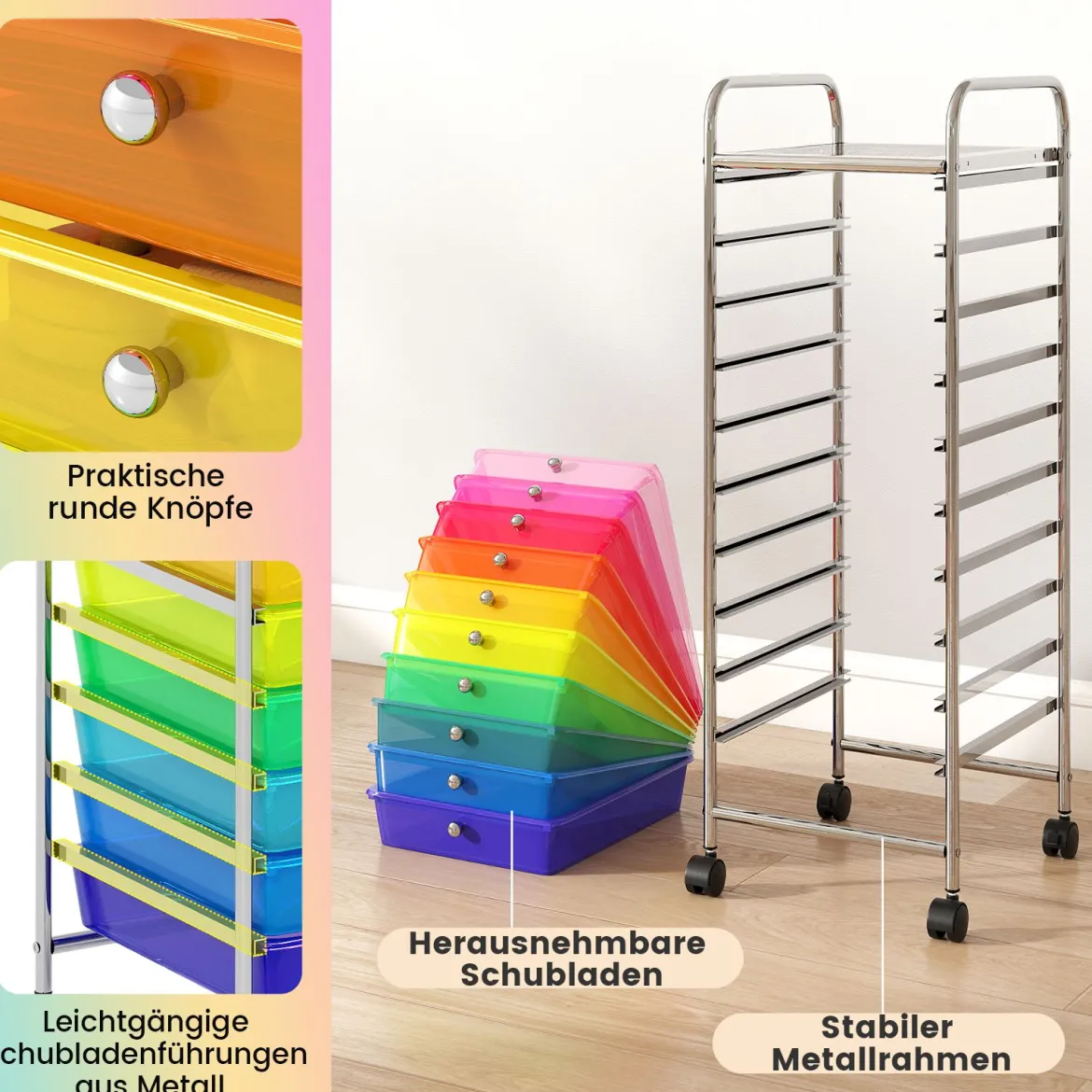 Rollwagen mit 10 Schubladen Trolley mit verchromtem Metallrahmen und abschließbaren Universalrollen Organizer Bunt