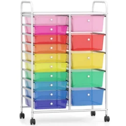 Rollwagen mit 10 Schubladen Trolley mit verchromtem Metallrahmen und abschließbaren Universalrollen Organizer Bunt 38 x 32 x 97 cm