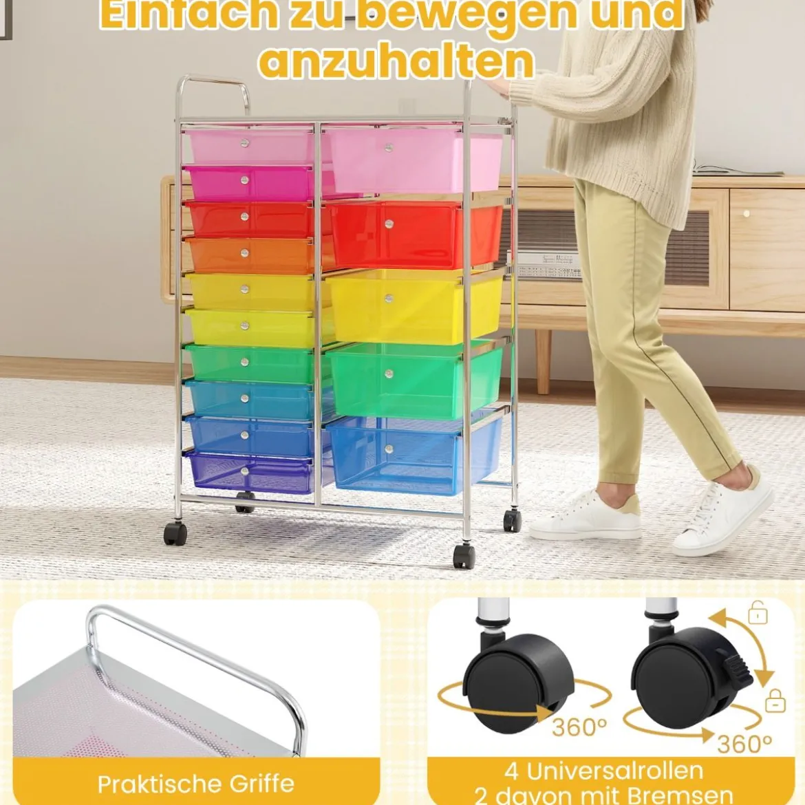 Rollwagen mit 10 Schubladen Trolley mit verchromtem Metallrahmen und abschließbaren Universalrollen Organizer Bunt 38 x 32 x 97 cm