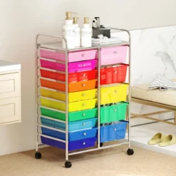 Rollwagen mit 10 Schubladen Trolley mit verchromtem Metallrahmen und abschließbaren Universalrollen Organizer Bunt 38 x 32 x 97 cm