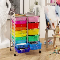 Rollwagen mit 10 Schubladen Trolley mit verchromtem Metallrahmen und abschließbaren Universalrollen Organizer Bunt 38 x 32 x 97 cm