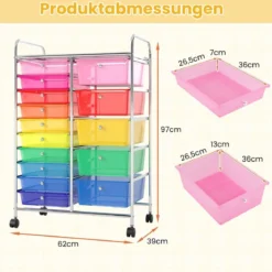 Rollwagen mit 10 Schubladen Trolley mit verchromtem Metallrahmen und abschließbaren Universalrollen Organizer Bunt 38 x 32 x 97 cm