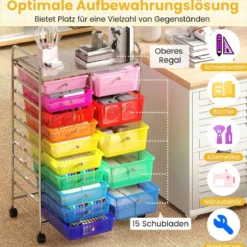 Rollwagen mit 10 Schubladen Trolley mit verchromtem Metallrahmen und abschließbaren Universalrollen Organizer Bunt 38 x 32 x 97 cm