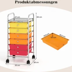Rollwagen mit 6 Stapelbaren Schubladen & Leichtgängigen Schienen Rollcontainer Regenbogen Bunt