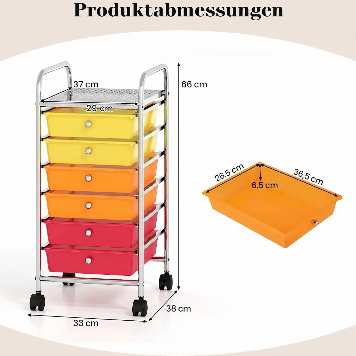 Rollwagen mit 6 Stapelbaren Schubladen & Leichtgängigen Schienen Rollcontainer Regenbogen Bunt