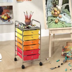 Rollwagen mit 6 Stapelbaren Schubladen & Leichtgängigen Schienen Rollcontainer Regenbogen Bunt