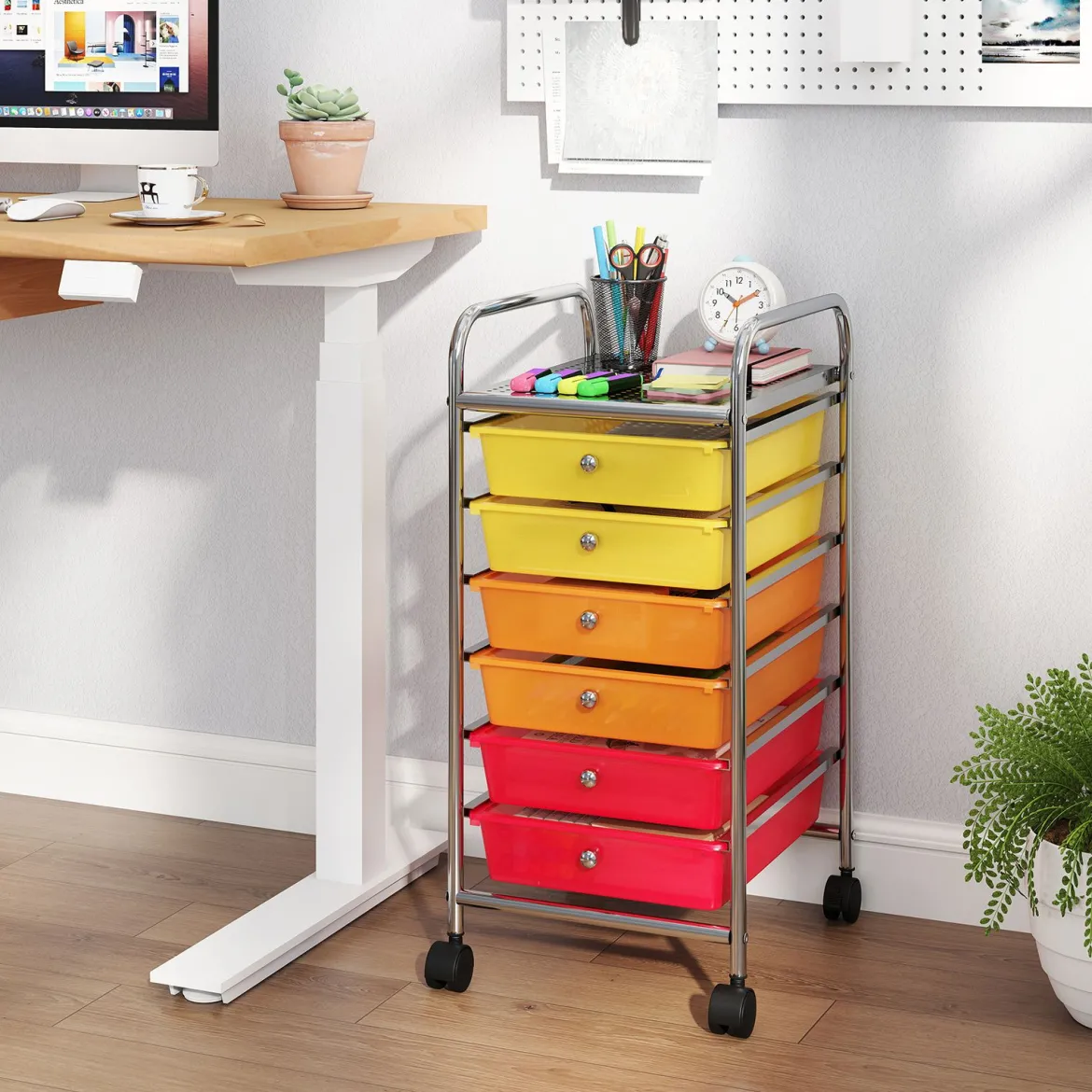 Rollwagen mit 6 Stapelbaren Schubladen & Leichtgängigen Schienen Rollcontainer Regenbogen Bunt