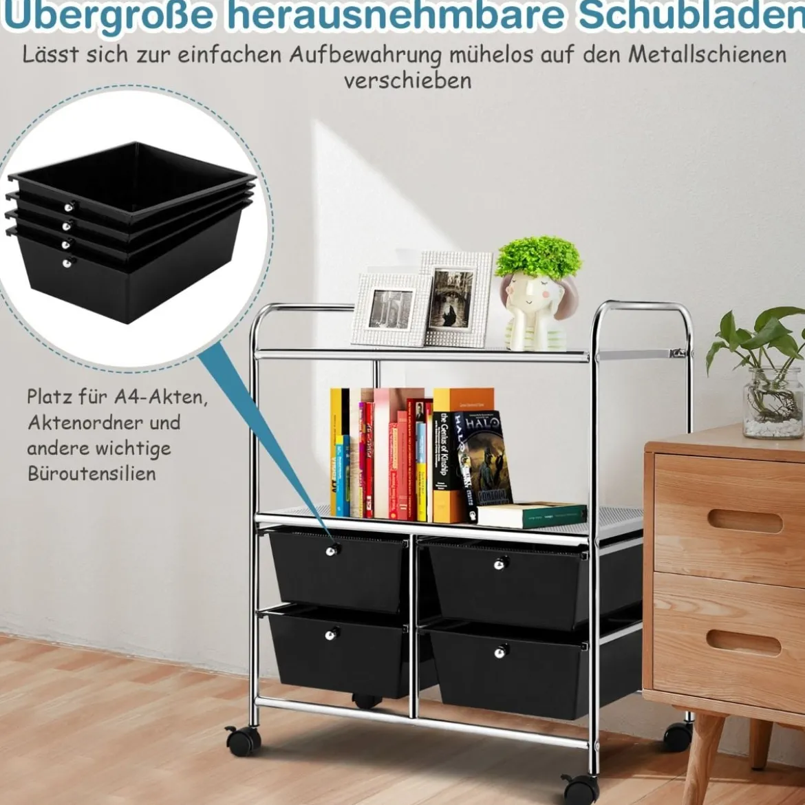 Rollwagen mit 4 stapelbaren Schubladen & Metallgestell & Ablageflächen Rollcontainer