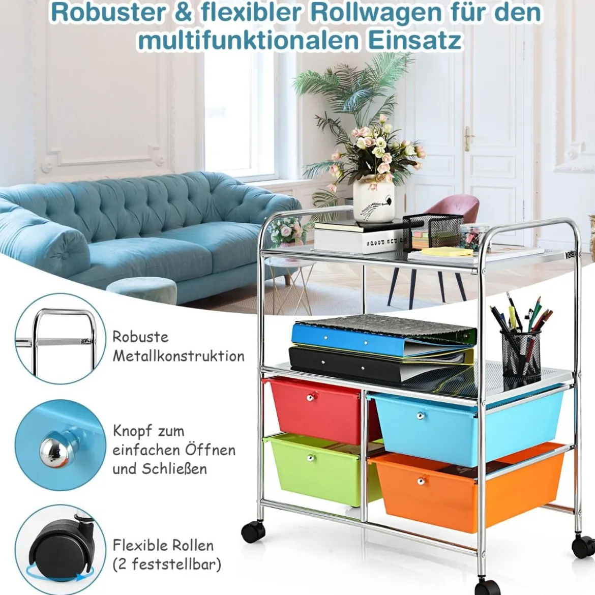 Rollwagen mit 4 stapelbaren Schubladen & Metallgestell & Ablageflächen Rollcontainer