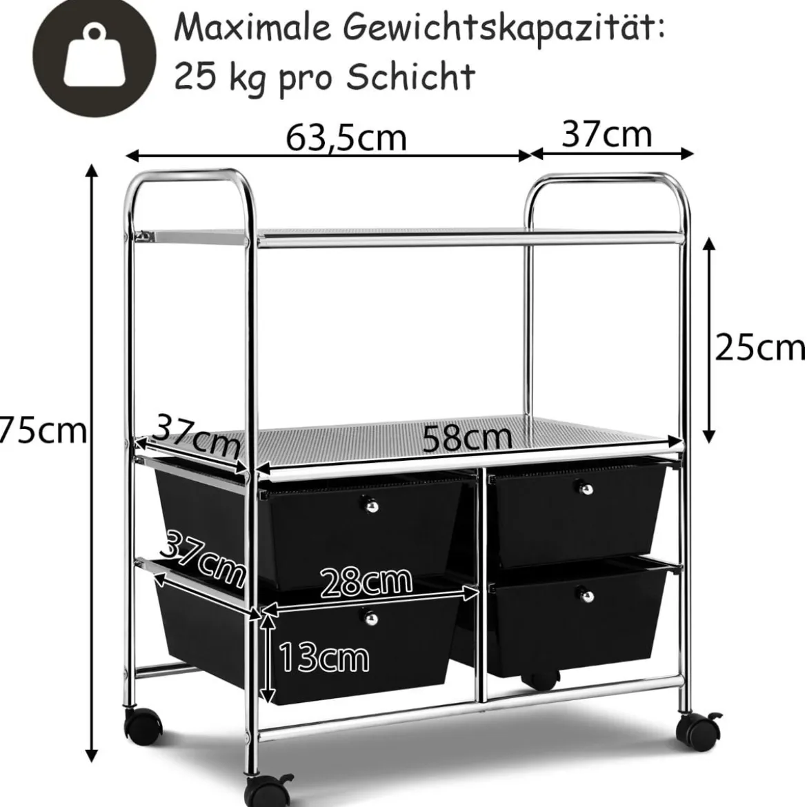 Rollwagen mit 4 stapelbaren Schubladen & Metallgestell & Ablageflächen Rollcontainer