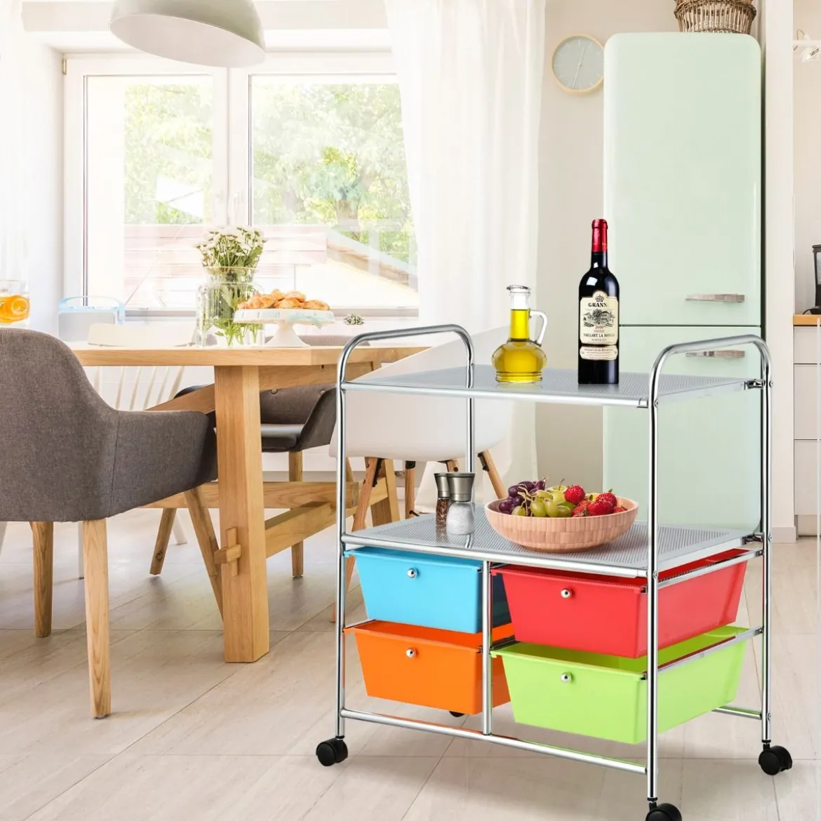 Rollwagen mit 4 stapelbaren Schubladen & Metallgestell & Ablageflächen Rollcontainer