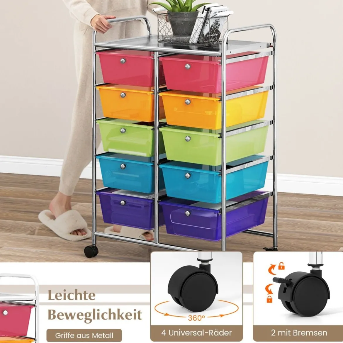 Rollwagen mit 10 Stapelbaren Schubladen Schubladenwagen Rollcontainer Badrollwagen