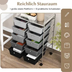 Rollwagen mit 10 Stapelbaren Schubladen Schubladenwagen Rollcontainer Badrollwagen