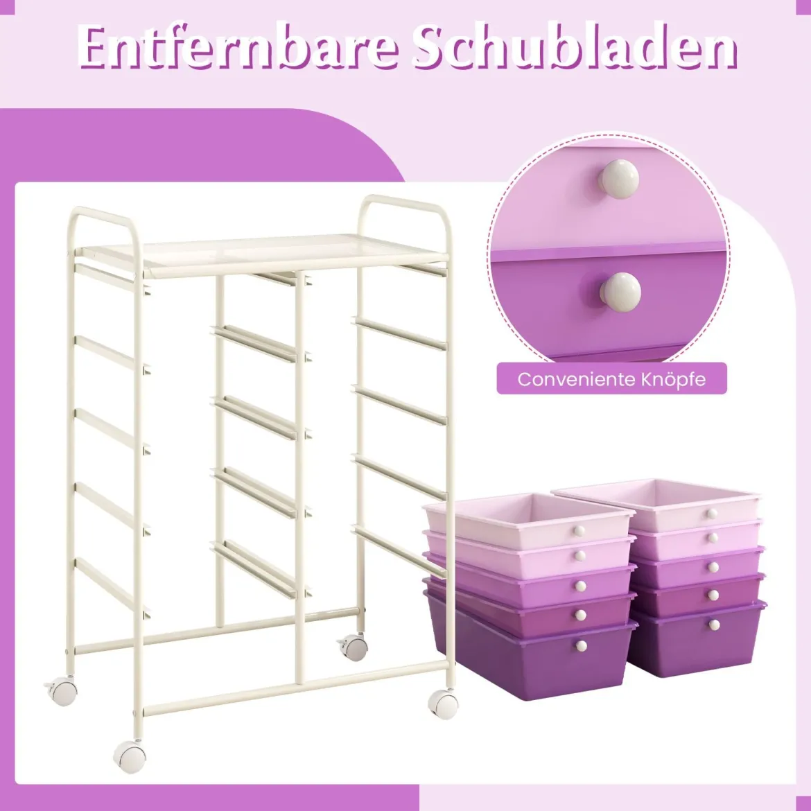 Rollwagen mit 10 Stapelbaren Schubladen Schubladenwagen Rollcontainer Badrollwagen