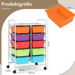 Rollwagen mit 10 Stapelbaren Schubladen Schubladenwagen Rollcontainer Badrollwagen