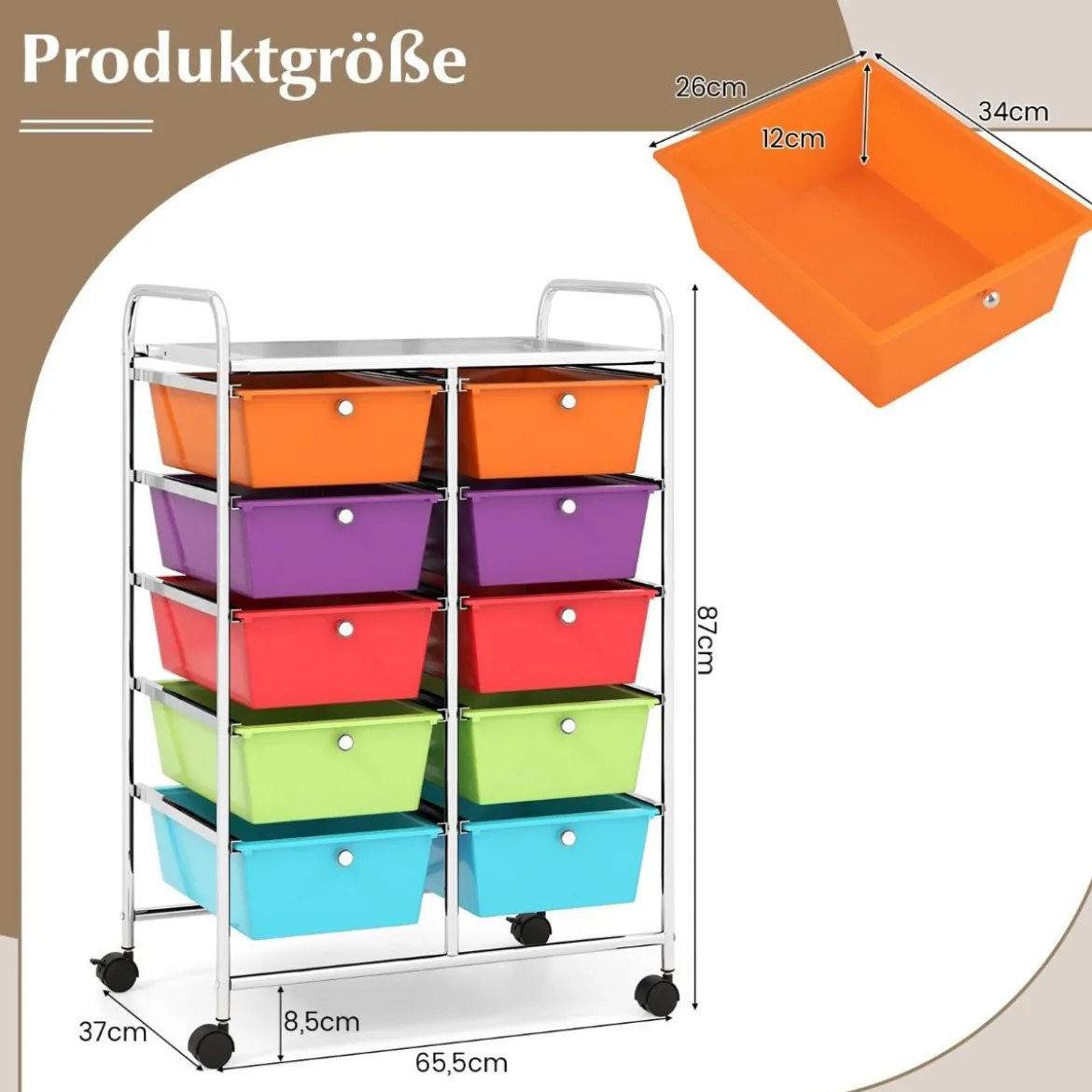 Rollwagen mit 10 Stapelbaren Schubladen Schubladenwagen Rollcontainer Badrollwagen
