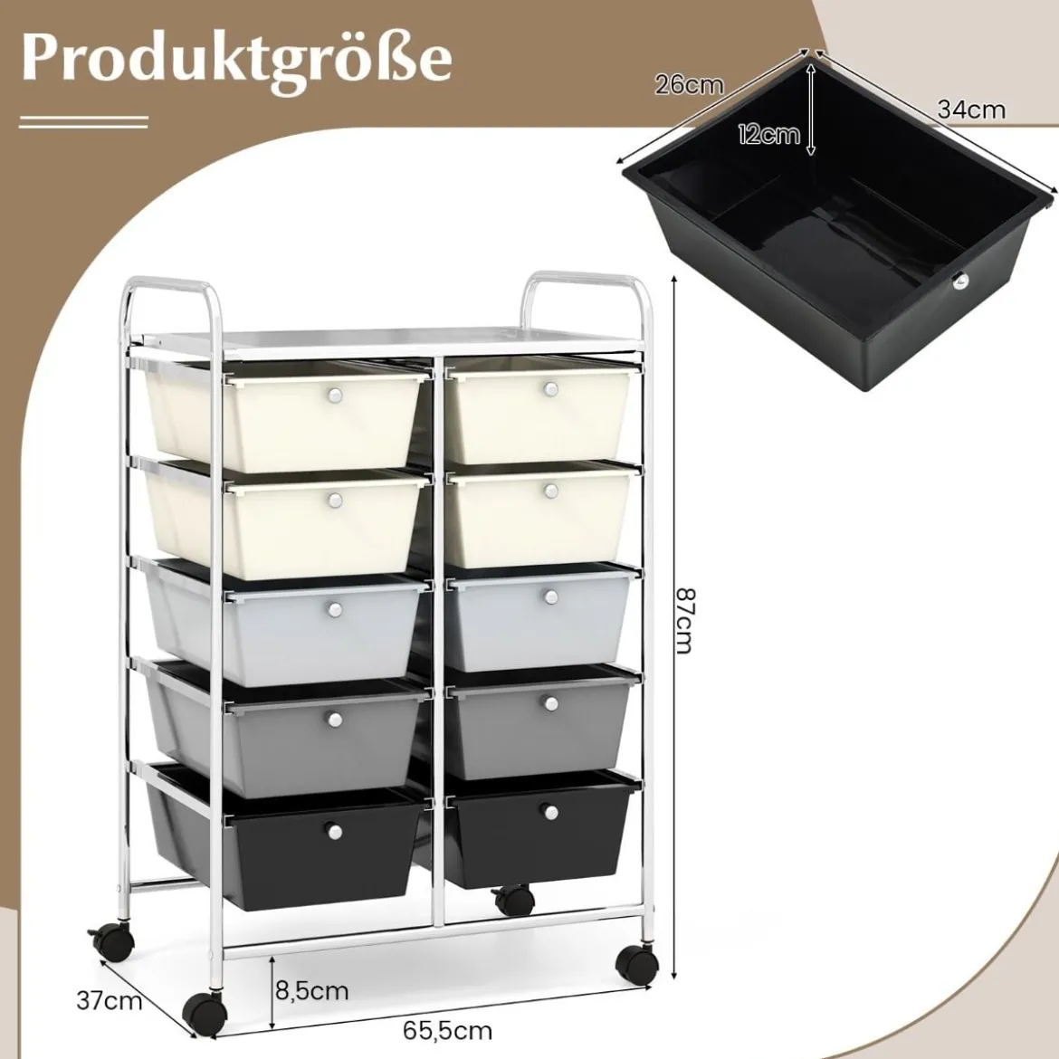 Rollwagen mit 10 Stapelbaren Schubladen Schubladenwagen Rollcontainer Badrollwagen