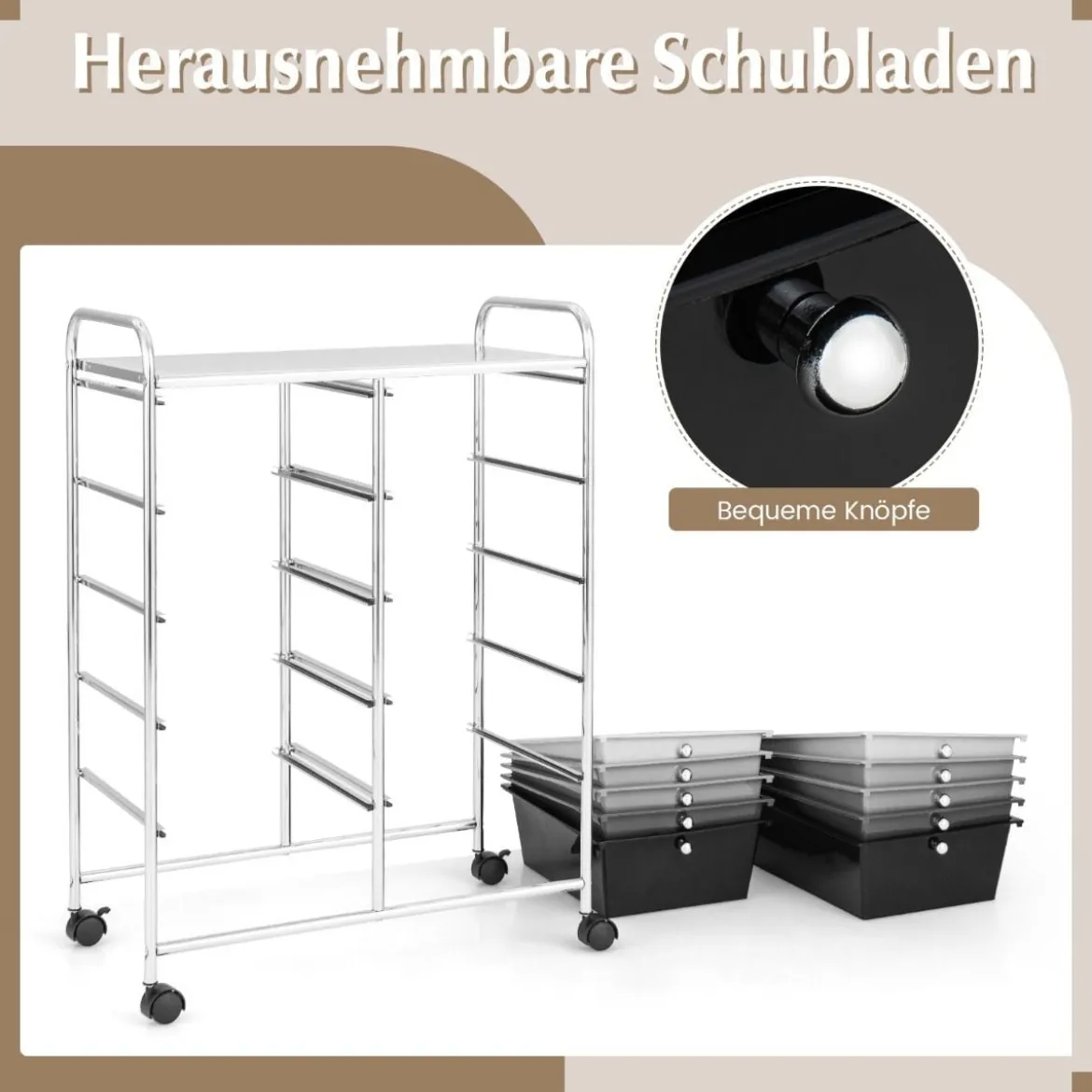 Rollwagen mit 10 Stapelbaren Schubladen Schubladenwagen Rollcontainer Badrollwagen