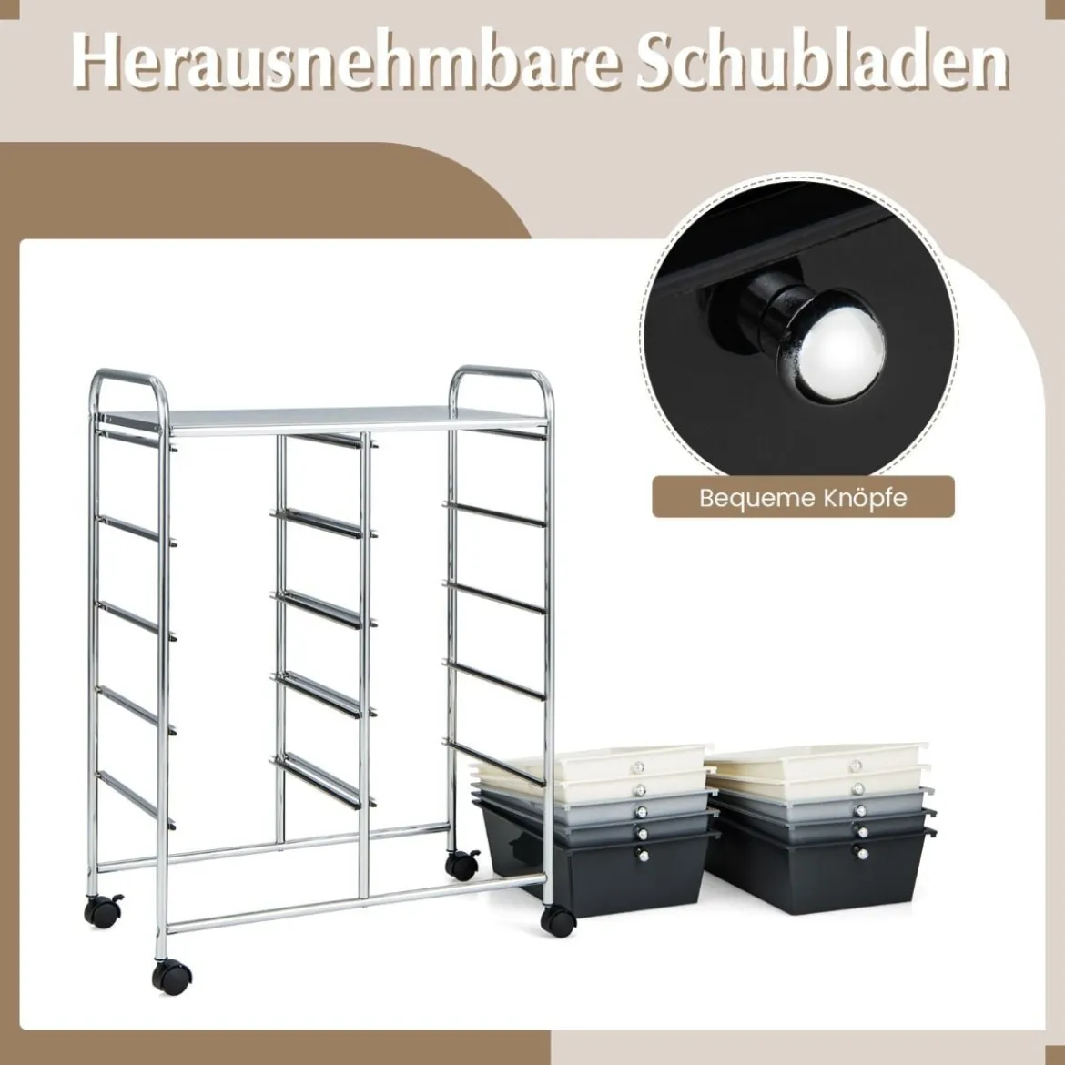 Rollwagen mit 10 Stapelbaren Schubladen Schubladenwagen Rollcontainer Badrollwagen