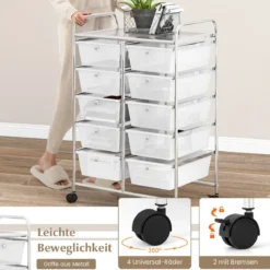 Rollwagen mit 10 Stapelbaren Schubladen Schubladenwagen Rollcontainer Badrollwagen