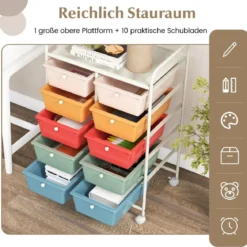 Rollwagen mit 10 Stapelbaren Schubladen Schubladenwagen Rollcontainer Badrollwagen