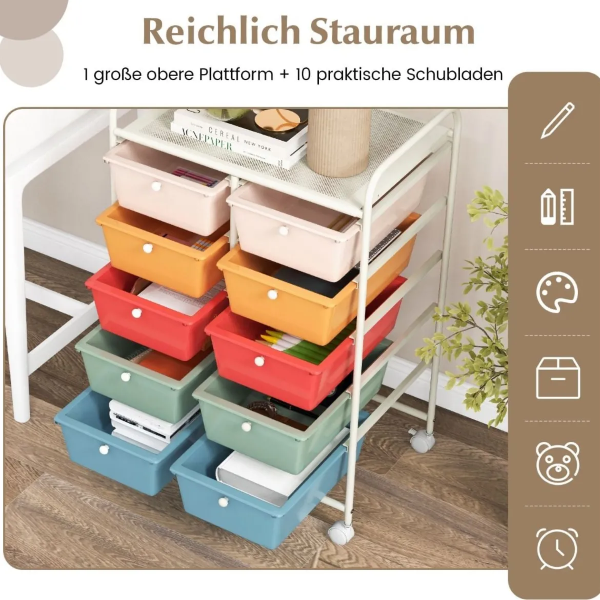 Rollwagen mit 10 Stapelbaren Schubladen Schubladenwagen Rollcontainer Badrollwagen