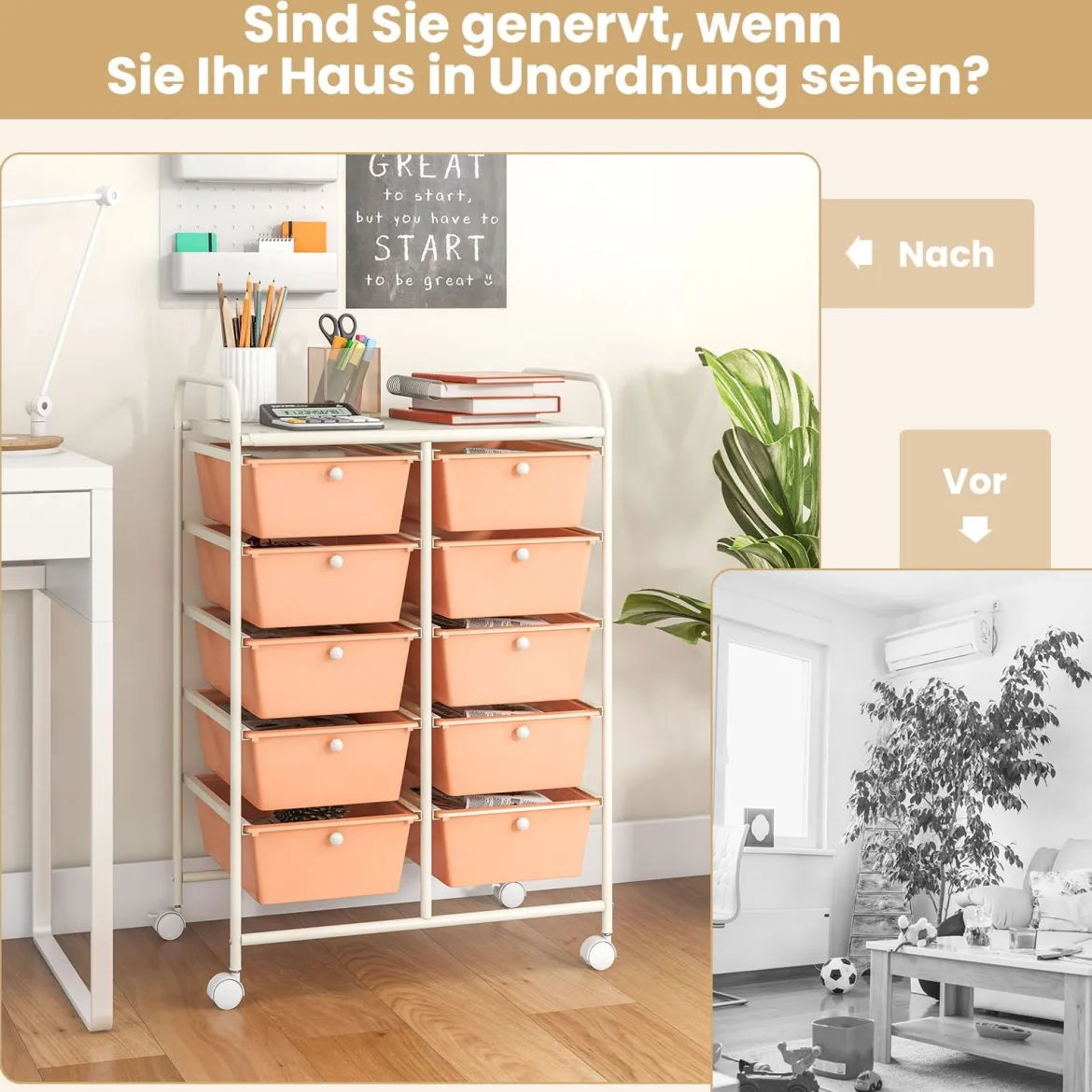 Rollwagen mit 10 Stapelbaren Schubladen Schubladenwagen Rollcontainer Badrollwagen