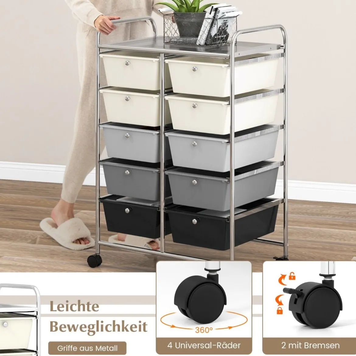 Rollwagen mit 10 Stapelbaren Schubladen Schubladenwagen Rollcontainer Badrollwagen