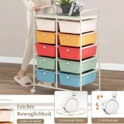 Rollwagen mit 10 Stapelbaren Schubladen Schubladenwagen Rollcontainer Badrollwagen