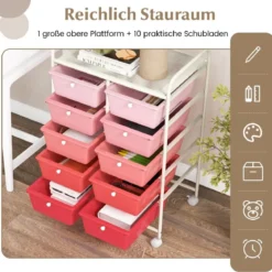 Rollwagen mit 10 Stapelbaren Schubladen Schubladenwagen Rollcontainer Badrollwagen