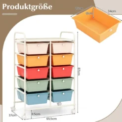 Rollwagen mit 10 Stapelbaren Schubladen Schubladenwagen Rollcontainer Badrollwagen