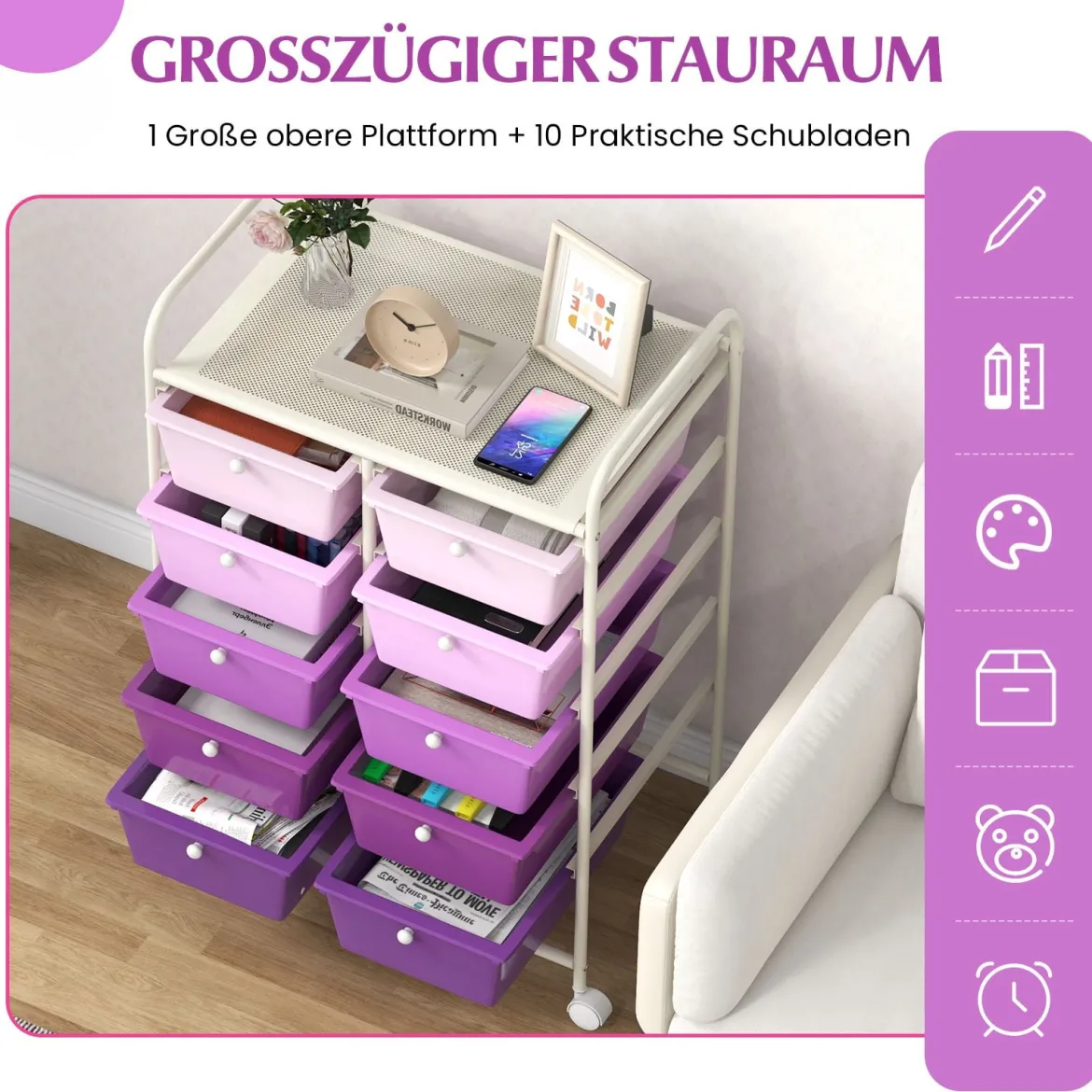 Rollwagen mit 10 Stapelbaren Schubladen Schubladenwagen Rollcontainer Badrollwagen