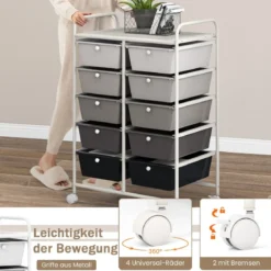 Rollwagen mit 10 Stapelbaren Schubladen Schubladenwagen Rollcontainer Badrollwagen