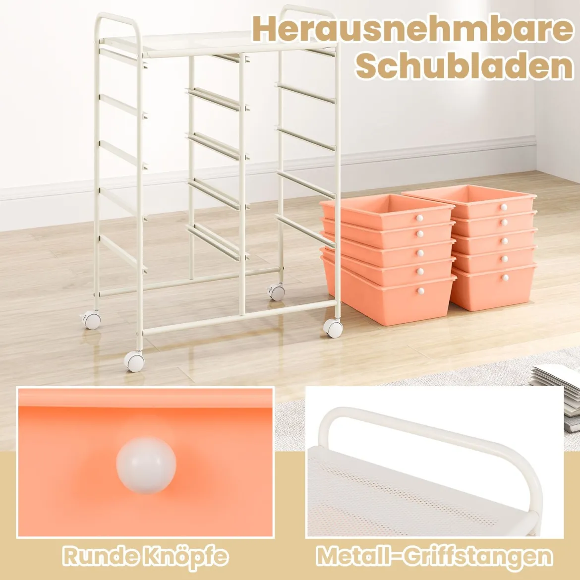 Rollwagen mit 10 Stapelbaren Schubladen Schubladenwagen Rollcontainer Badrollwagen
