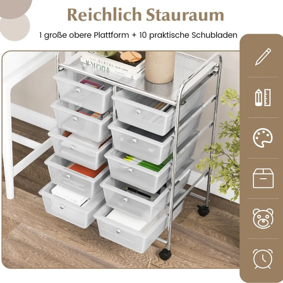 Rollwagen mit 10 Stapelbaren Schubladen Schubladenwagen Rollcontainer Badrollwagen