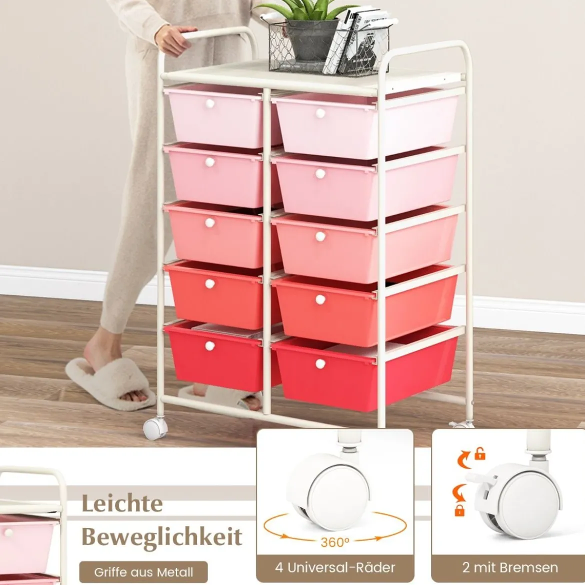 Rollwagen mit 10 Stapelbaren Schubladen Schubladenwagen Rollcontainer Badrollwagen