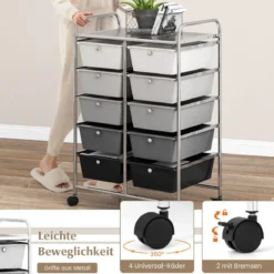 Rollwagen mit 10 Stapelbaren Schubladen Schubladenwagen Rollcontainer Badrollwagen