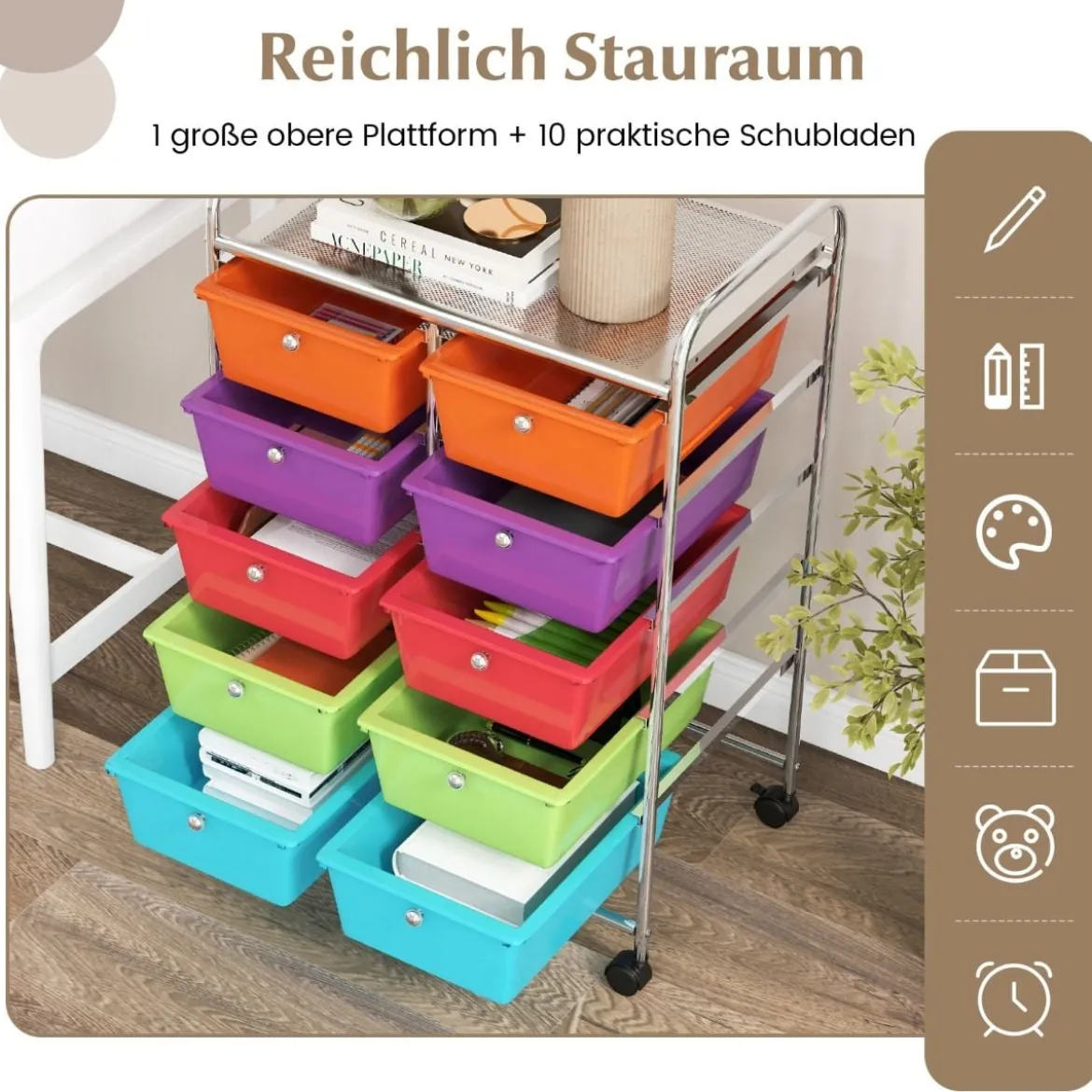 Rollwagen mit 10 Stapelbaren Schubladen Schubladenwagen Rollcontainer Badrollwagen