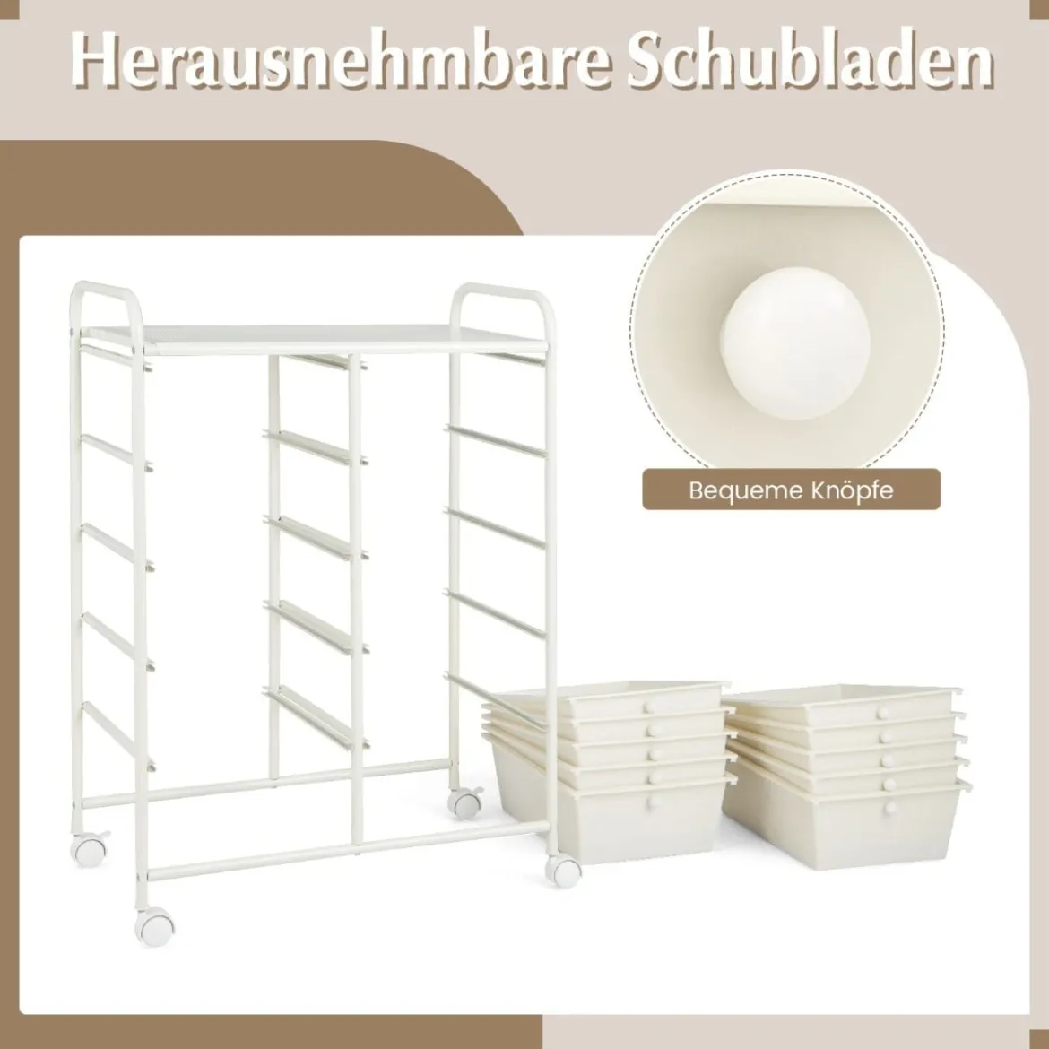 Rollwagen mit 10 Stapelbaren Schubladen Schubladenwagen Rollcontainer Badrollwagen